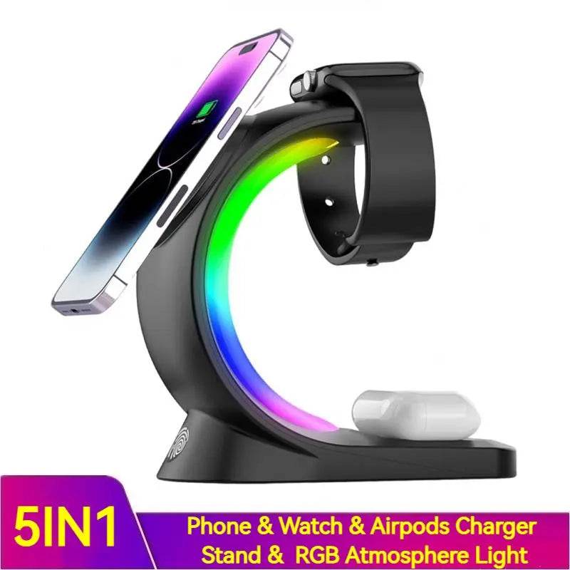 4 In 1 Magnetic Wireless Charger Fast Charging For Smart Phone Atmosphere Light Charging Station For Airpods Pro I-phone Watch - ProTrendyz