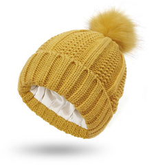 Fashion Stretchy Satin Lined Skull Knit Hats Beanie Hat For Women Faux Fur Pom Pom Hat Winter Keep Warming Beanie Hat - ProTrendyz