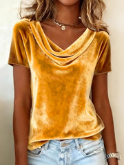 New Solid Color Scoop Neck Short-Sleeve Sexy Velvet T-Shirt