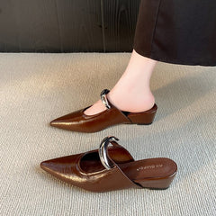 Elegant Pointed Toe Metal One-Strap Mules 2025 Summer New Wedge Heel Platform Sandals For Women