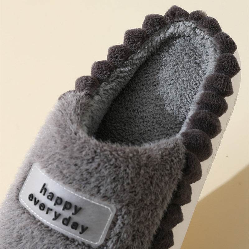 Home Slippers For Men Thick-soled Color-block Letters Fluffy Fleece House Shoes Winter Indoor Warm Slip On Floor Bedroom Slipper - ProTrendyz
