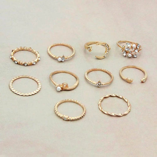 Bohemian Fashion Star Moon Love Pearl Leaf 10-Piece Ring - ProTrendyz