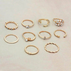 Bohemian Fashion Star Moon Love Pearl Leaf 10-Piece Ring - ProTrendyz