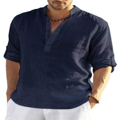 Men's Casual Cotton Linen Solid Color Long Sleeve Shirt Loose Stand Collar - ProTrendyz