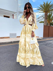 Elegant Women's Hollow Floor V-neck Long-sleeved Plant Dress Long Dresses Spring Summer Print V-neck Long Sleeve Dress - ProTrendyz