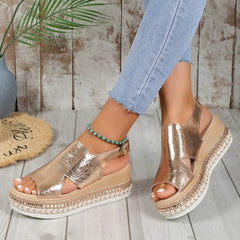 Summer Shiny Sandals Hollow Design Fish Mouth Sandal For Women Fashion Buckle Wedges Shoes - ProTrendyz