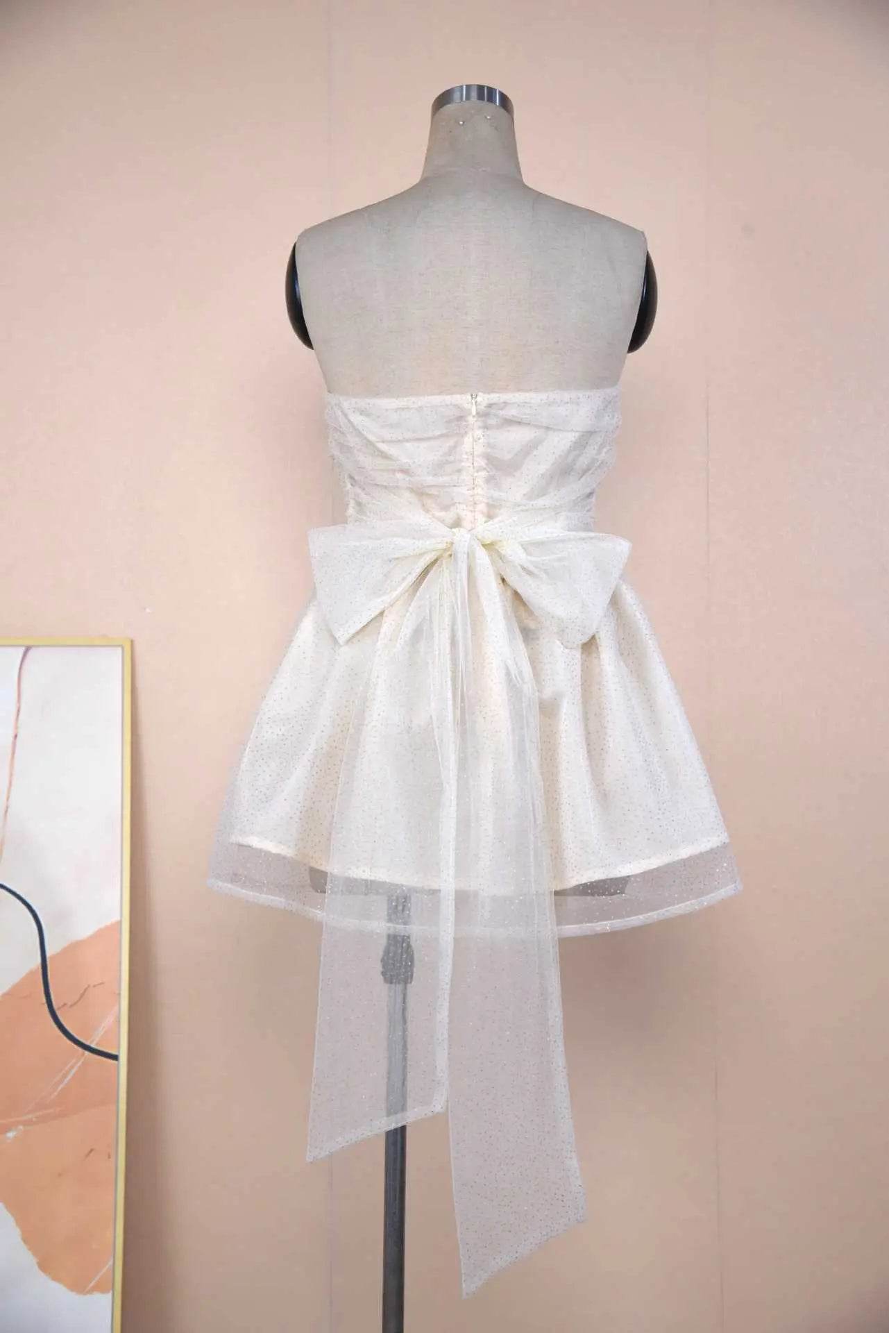 Tube Top Lace Dress With Back Bow-knot Summer Fashion Temperament Mesh Stitching Off-neck Short Skirt - ProTrendyz