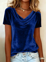 New Solid Color Scoop Neck Short-Sleeve Sexy Velvet T-Shirt