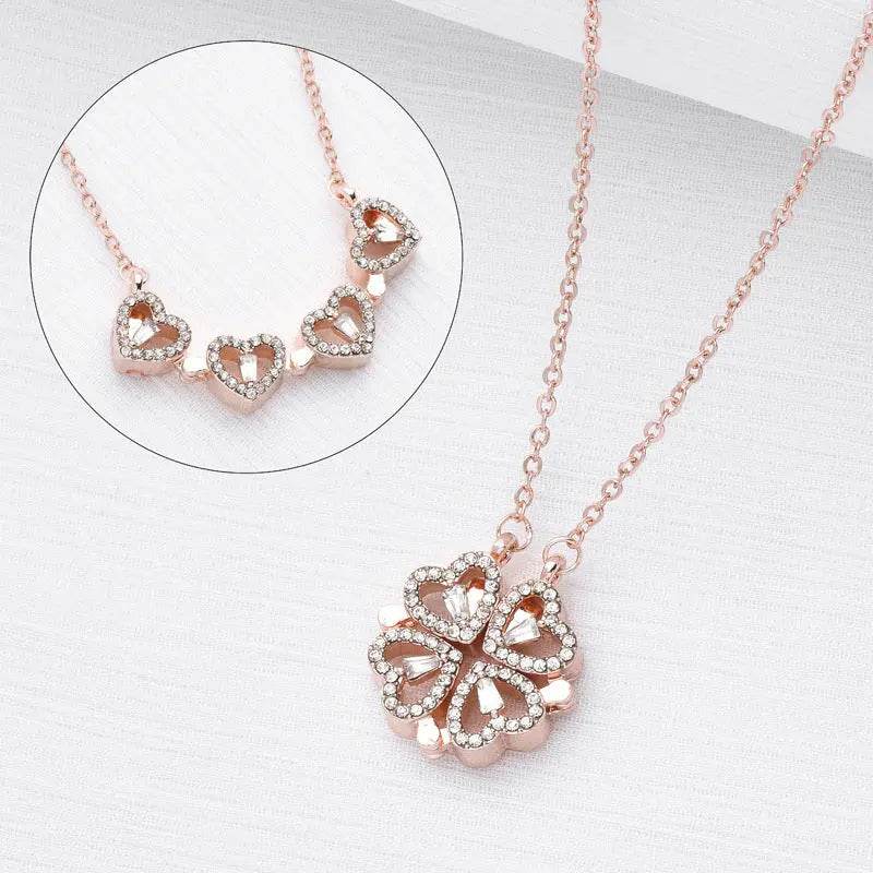 Retro Magnetic Folding Heart Shaped Four Leaf Clover Pendant Necklace Women Love Clavicle Chain Gifts Openable Choker Jewelry US - ProTrendyz