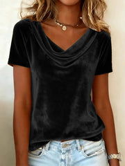 New Solid Color Scoop Neck Short-Sleeve Sexy Velvet T-Shirt