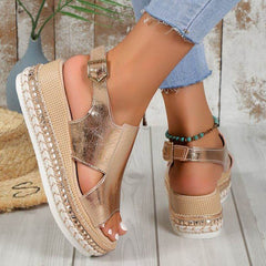 Summer Shiny Sandals Hollow Design Fish Mouth Sandal For Women Fashion Buckle Wedges Shoes - ProTrendyz