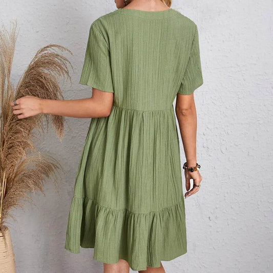 V-neck Short Sleeve Dress Summer Fashion Casual Loose Ruffled Dresses Beach Clothing Women - ProTrendyz