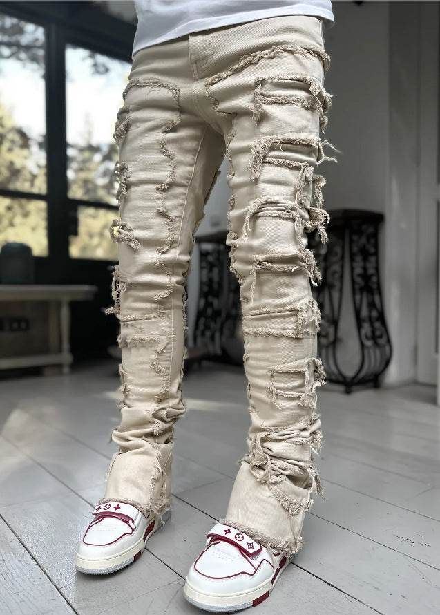 Men Trousers Individual Patched Pants Long Tight Fit Stacked Jeans For Mens Clothing - ProTrendyz