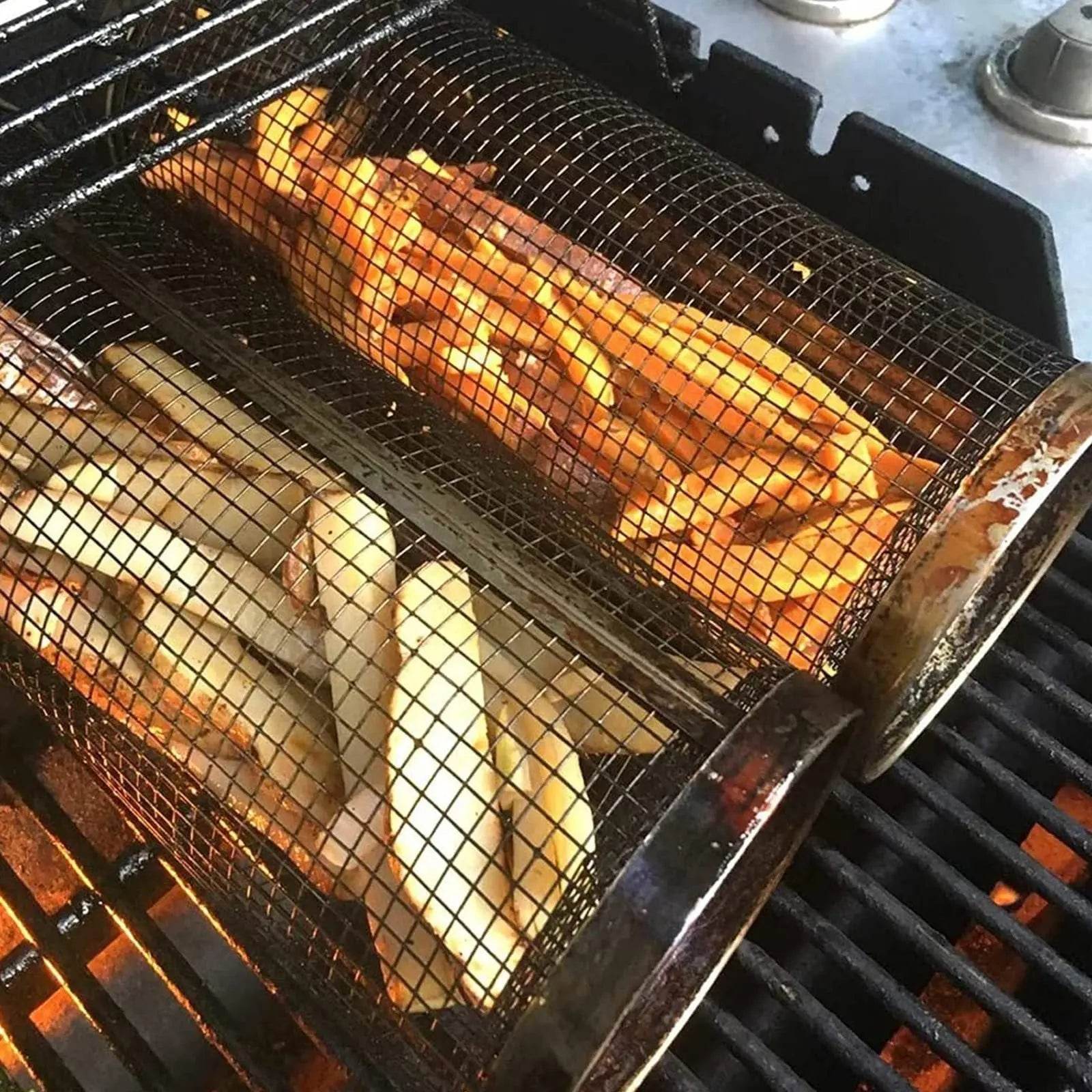 Rolling Grilling Basket Metal BBQ Barbecue Basket Net Portable Outdoor Camping Barbecue Rack Kitchen Gadgets - ProTrendyz