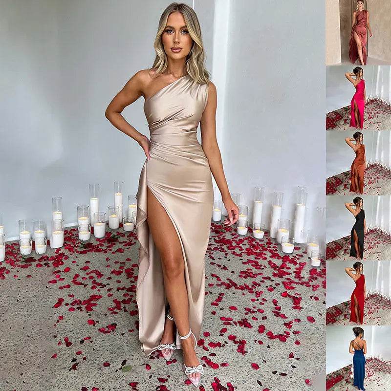 Sexy One-shoulder Backless Slit Dress Summer Elegant Slim-fit Solid Color Satin Dresses For Women - ProTrendyz