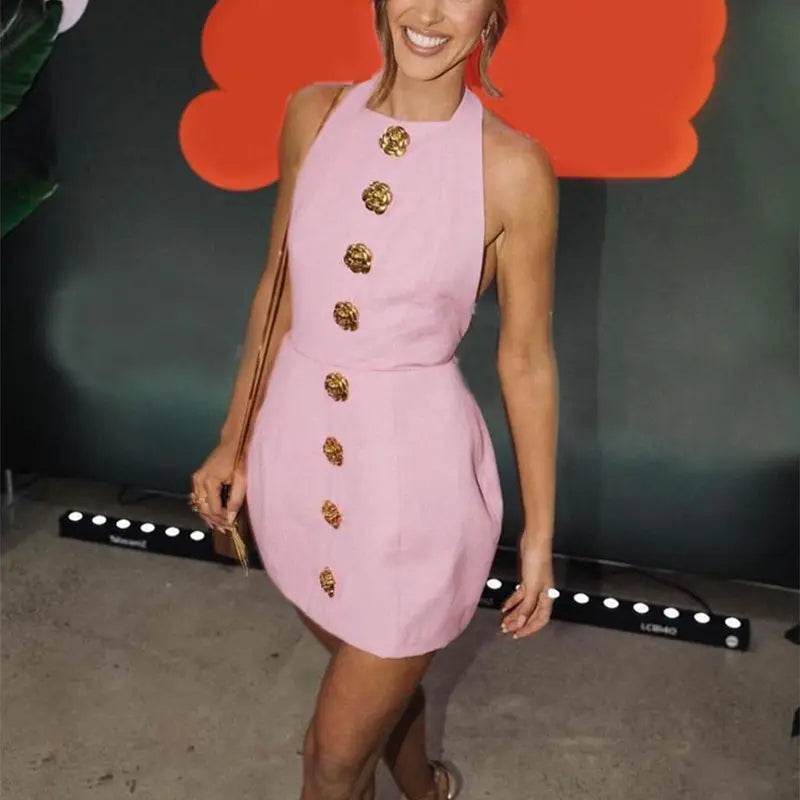 Sweet Sleeveless Backless Dress With Rose Button Design Summer Street Fashion Dresses Womens Clothing - ProTrendyz