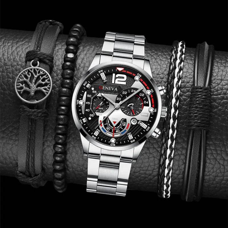 2pcs Men's New Popular Steel Strip Fashion Business Three Eye Quartz Watch Bracelet Set Valentine's Day Gifts - ProTrendyz