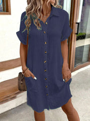 Summer Simplicity V-neck Buttons Cotton Linen Women's Shirt Dress