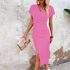 Slim-fit Short-sleeved Dress Fashion Sexy Split V-neck Dress Summer Women's Clothing