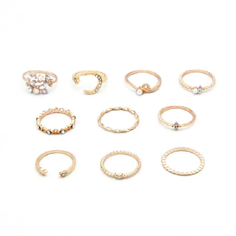 Bohemian Fashion Star Moon Love Pearl Leaf 10-Piece Ring - ProTrendyz