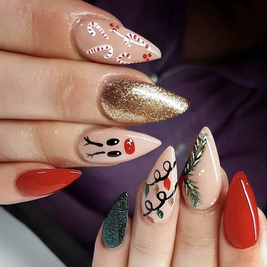24pcs Christmas False Nails Hat Striped Snowflake Nail Art Stickers For Parties Dances Or Holiday Wear - ProTrendyz