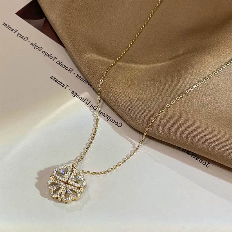 Retro Magnetic Folding Heart Shaped Four Leaf Clover Pendant Necklace Women Love Clavicle Chain Gifts Openable Choker Jewelry US - ProTrendyz
