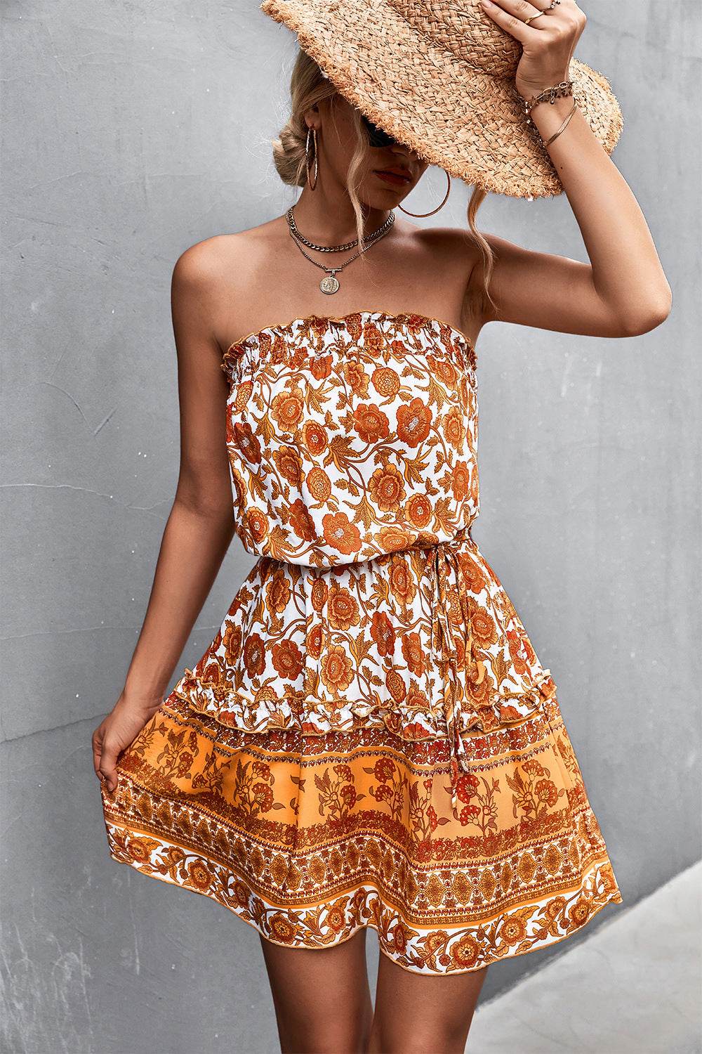 Women's Bohemian Floral Print Strapless Dress Summer Beach Dress - ProTrendyz
