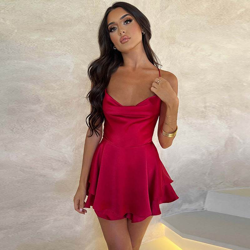 Sexy Suspender Skirt For Women Elegant Slim Strap Satin Backless Lace Up A-Line Short Dress Lady - ProTrendyz