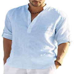 Men's Casual Cotton Linen Solid Color Long Sleeve Shirt Loose Stand Collar - ProTrendyz