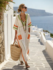 Printed V-neck Three-quarter-length Sleeve Kaftan Dress With A Long Patch Pocket