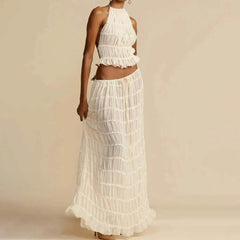 2pcs Women's Dress Suit Sexy Sleeveless Backless Cropped Halter Top And Pleated Long Skirt Beach Clothing - ProTrendyz