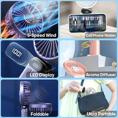 USB Rechargeable Mini Portable Handheld Electric Fan Foldable Neck Hanging Outdoor Fan Adjustable 5 Speed Powerful Air Cooler - ProTrendyz