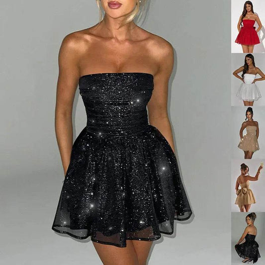 Tube Top Lace Dress With Back Bow-knot Summer Fashion Temperament Mesh Stitching Off-neck Short Skirt - ProTrendyz