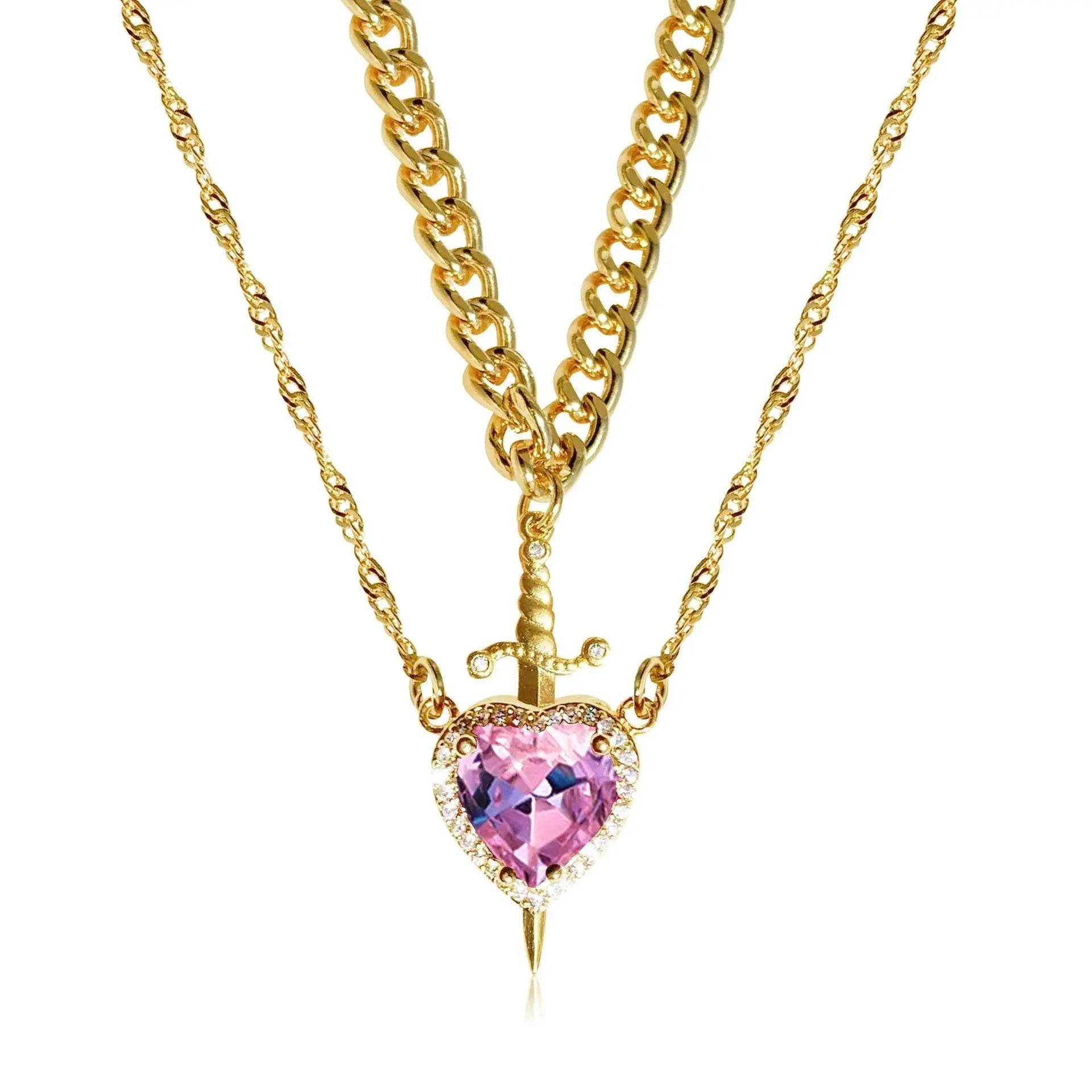 New Heart And Sword Necklace Set Gold Color Stainless Steel Crystal Couple Necklaces For Women Men Boyfriend Girlfriend Gifts - ProTrendyz