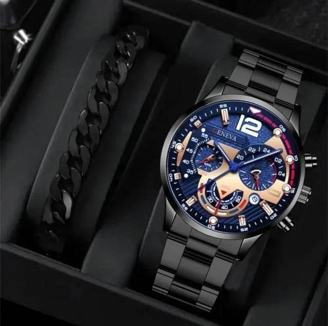 2pcs Men's New Popular Steel Strip Fashion Business Three Eye Quartz Watch Bracelet Set Valentine's Day Gifts - ProTrendyz