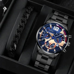 2pcs Men's New Popular Steel Strip Fashion Business Three Eye Quartz Watch Bracelet Set Valentine's Day Gifts - ProTrendyz