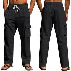 Men's Workwear Multi-pocket Straight Linen Pants Linen Four Seasons Thin Breathable Cargo Pants, Multi-pocket Loose Casual Trendy Wide-leg Pants - ProTrendyz