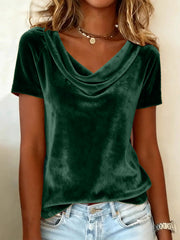 New Solid Color Scoop Neck Short-Sleeve Sexy Velvet T-Shirt