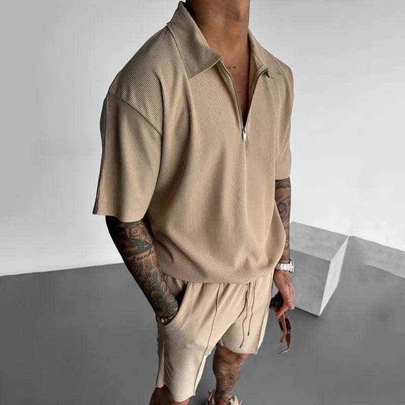 Summer Fashion Mens Clothing Men's Suits New Zipper Polo Casual Short Sleeve Drawstring Shorts Men's Set - ProTrendyz