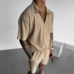 Summer Fashion Mens Clothing Men's Suits New Zipper Polo Casual Short Sleeve Drawstring Shorts Men's Set - ProTrendyz