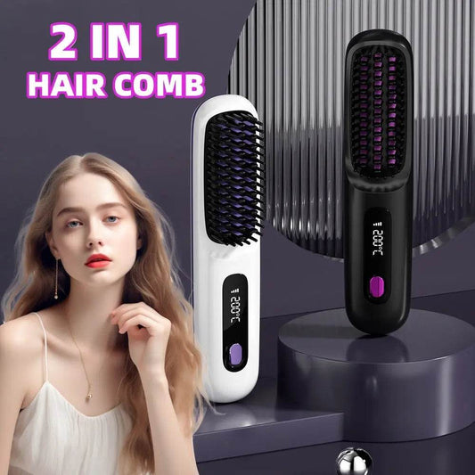 2 In 1 Straight Hair Comb Wireless Hair Straightener Brush Hair Fast Heating Portable Hot Curler USB Charging - ProTrendyz