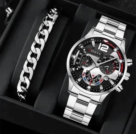 2pcs Men's New Popular Steel Strip Fashion Business Three Eye Quartz Watch Bracelet Set Valentine's Day Gifts - ProTrendyz