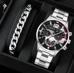 2pcs Men's New Popular Steel Strip Fashion Business Three Eye Quartz Watch Bracelet Set Valentine's Day Gifts - ProTrendyz