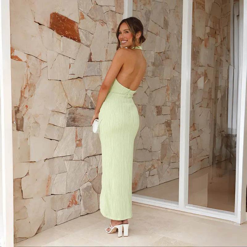 Halter Split Long Dress Summer Slim Fit Backless Dresses Solid High-end Women's Clothing - ProTrendyz