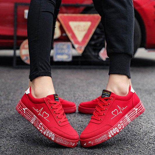 Love Print Canvas Shoes Women Men Flats Lace-up Casual Shoes Lover Sports Shoes Valentines Day - ProTrendyz