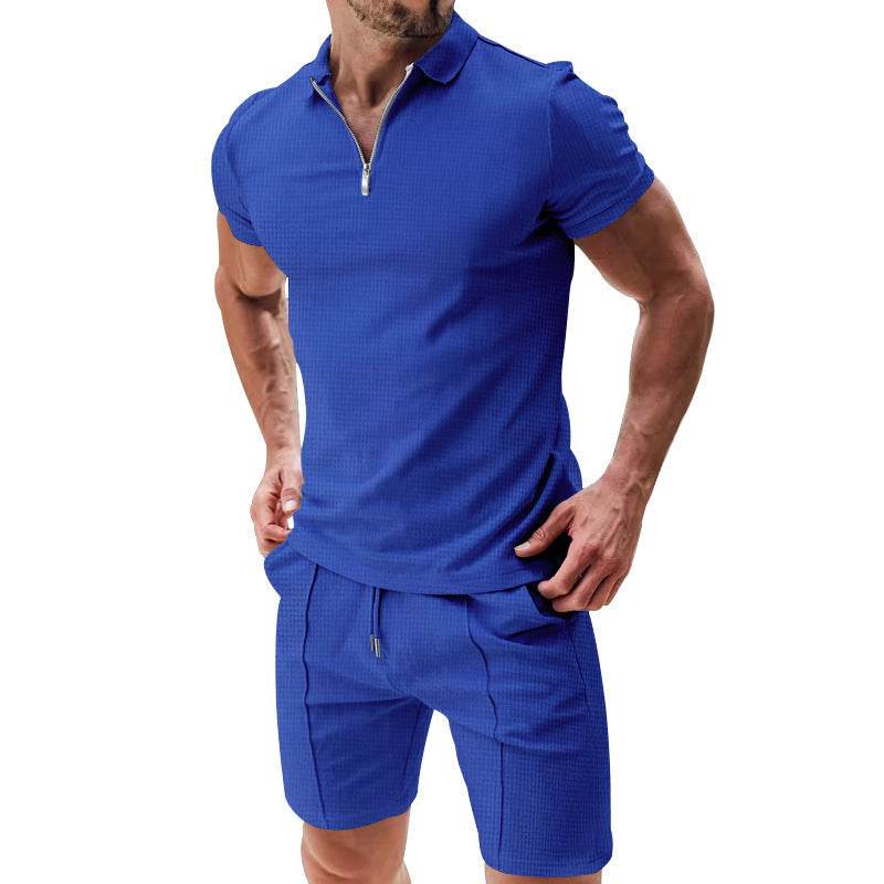 2Pcs Casual Waffle Suit Summer Zipper Lapel Short-sleeved Top And Drawstring Pockets Shorts Versatile Solid Color T-shirt Set For Mens Clothing - ProTrendyz