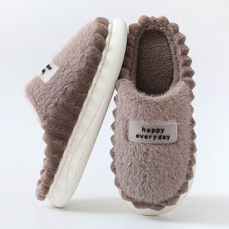 Home Slippers For Men Thick-soled Color-block Letters Fluffy Fleece House Shoes Winter Indoor Warm Slip On Floor Bedroom Slipper - ProTrendyz