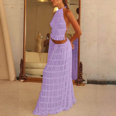 2pcs Women's Dress Suit Sexy Sleeveless Backless Cropped Halter Top And Pleated Long Skirt Beach Clothing - ProTrendyz
