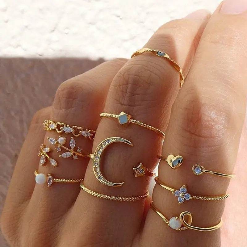 Bohemian Fashion Star Moon Love Pearl Leaf 10-Piece Ring - ProTrendyz