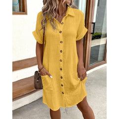 Summer Simplicity V-neck Buttons Cotton Linen Women's Shirt Dress